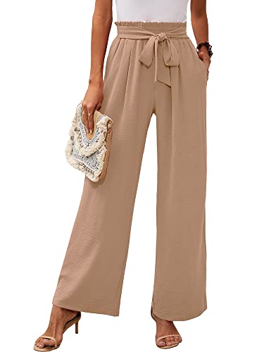 Heymoments Women's Wide Leg Lounge Pants with Pockets Khaki Medium Lightweight High Waisted Adjustable Tie Knot Loose Comfy Casual Trousers