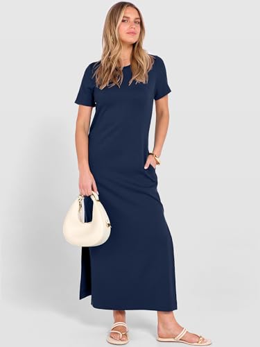 ANRABESS Womens Summer Casual Maxi Dress Short Sleeve Crewneck Split Wrinkle-Free Travel Long Sundress Beach Vacation Clothes Navy Blue Medium