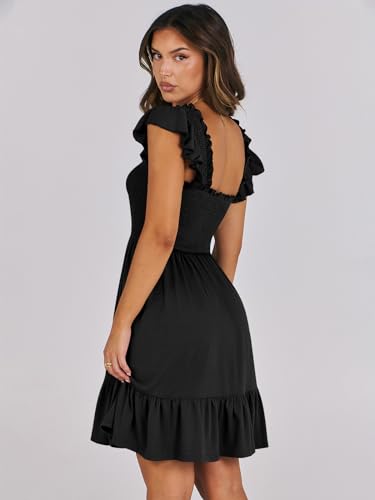 ANRABESS Women's Summer Casual Sleeveless Square Neck Dress 2025 Smocked Ruffle Backless Boho Beach Cute Teen Short Sundress Black Small
