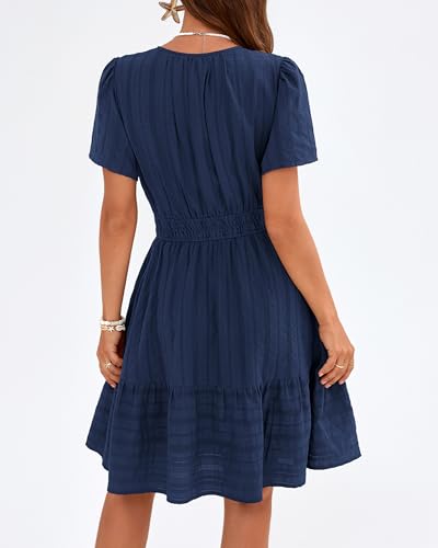 Womens Boho Mini Dress, Lightweight Cotton, V-Neck, Short Sleeve, Elastic Waist, Pockets – Navy Blue, Small