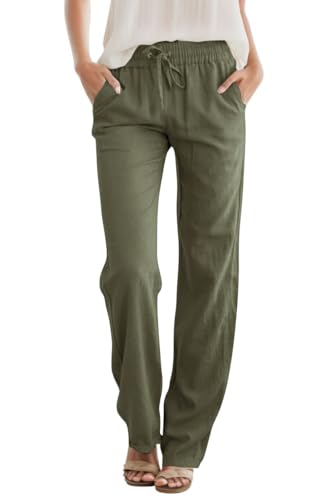 JEKAOYI Womens High Waist Casual Pants Drawstring Straight Leg Vacation Comfy Lounge Pocket Linen Trousers Grey Green