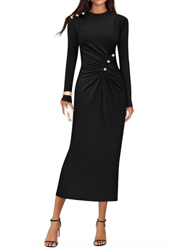 ZESICA Womens 2026 Fall Long Sleeve Mock Neck Bodycon Midi Dress Ruched Knit Elegant Party Cocktail Formal Dresses,Black,Medium