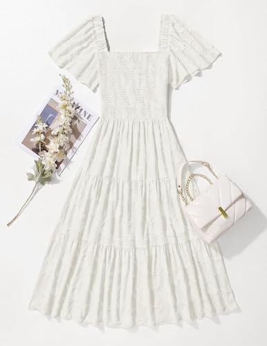ZESICA Women‘s Summer Boho Floral Midi Dress 2026 Casual Short Sleeve Square Neck Flowy Beach Vacation Long Dress,White,Medium
