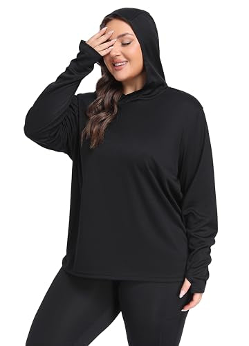 ZERDOCEAN Womens Plus Size Workout Tops Hoodie Long Sleeve Shirts Outfits for Hiking Running Cover Ups for Women Black 2X