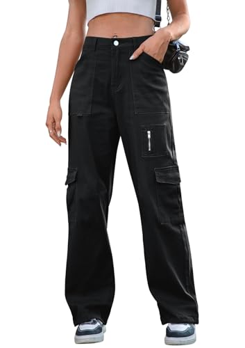 IVIR Cargo Jeans for Women High Waist Baggy Cargo Pants High Rise Boyfriend Y2K Street Wear Pants Black Large