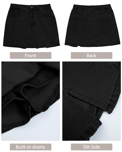 luvamia Flexclusive Skorts Skirts for Women Denim Mini Skort Side Slit with High Waisted Jean Shorts Stretchy Black Mini Beach Shorts for Women Jean Skirt Soft Black Size Large Size 12-14
