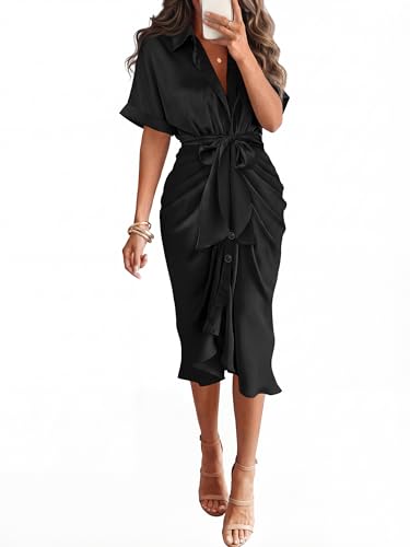 BTFBM Dresses for Women Summer Button Short Sleeve Silk Satin Ruched Spring Maxi Dress 2026 Cocktail Party Wedding(Black, Large)