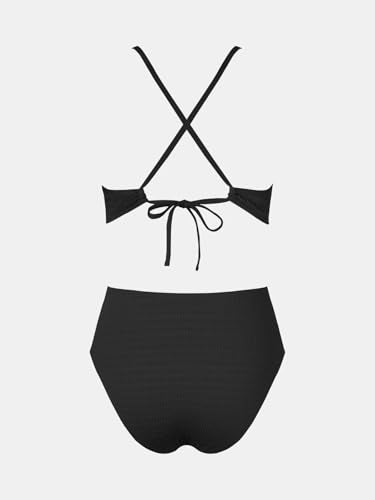 CUPSHE Women's One Piece Swimsuit Plunging Neck Cutouts Bathing Suit Textured Ruched Crisscross Back Self Tie Swimwear, M Black