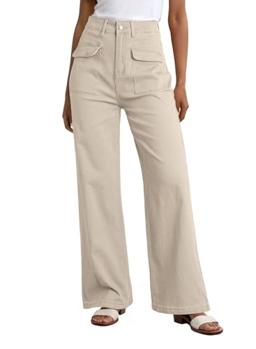Dokotoo Khaki Women's Pants High Waisted Cargo Pants Women Baggy Jeans for Women Straight Wide Leg 2026 Spring Outfits Fashion Clothes Casual Trendy Pocket Teen Girls Trousers Stretch Denim