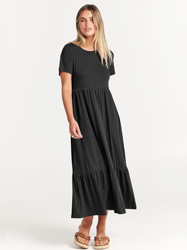 ANRABESS Womens 2026 Summer Casual Maxi Dress A line Tiered Flowy Short Sleeve Crewneck T Shirt Beach Travel Long Dresses Black X-Large
