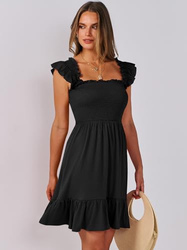 ANRABESS Women's Summer Casual Sleeveless Square Neck Dress 2025 Smocked Ruffle Backless Boho Beach Cute Teen Short Sundress Black Small