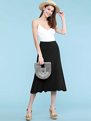 Lock and Love LL WB1105 Womens Lightweight Fold Over Flared Midi Skirt M Black