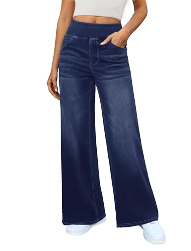 DLOODA Women's Wide Leg Jeans High Waisted Stretchy Denim Pants Elastic Waist Pull On Sweatpant Jeans Trendy Baggy Loose Dark Blue