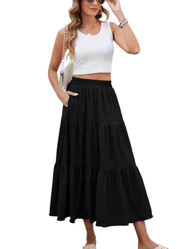 HUSKARY Skirts for Women Trendy Summer Casual High Waisted Flowy Maxi Skirt Spring Loose Tiered Layered Beach Skirt,Black,Large