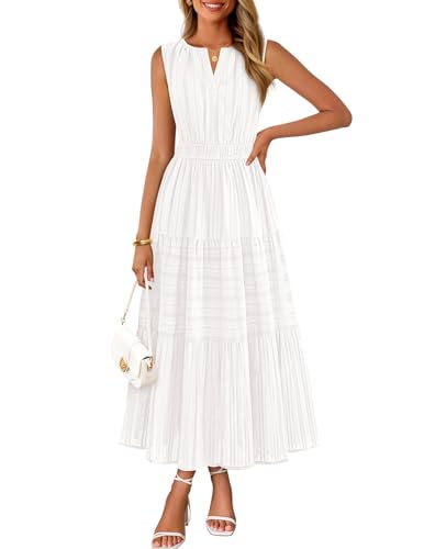 MEROKEETY Spring Summer Midi Dresses for Women 2026 Casual Beach Vacation Sleeveless Boho V Neck Cotton Maxi Dress Pockets, White, Medium