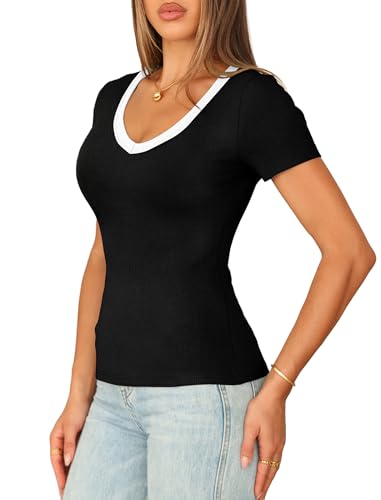 Sampeel Shirts for Women Trendy V Neck Ladies Tops and Blouses Office Work Shirts Summer Outfits Slim Fit Tight Black Tshirts M