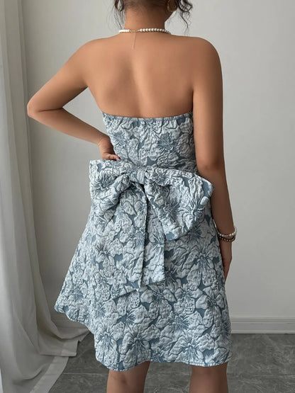 Bow Back Tube Mini Dress Light Blue