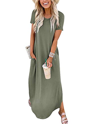 ANRABESS Womens Summer Maxi Dress Short Sleeve Casual Loose Long T Shirt Dresses Split Vacation Beach Sundress Travel Outfits Olive Small