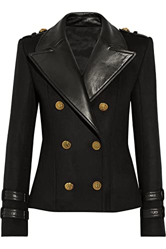 THE HUB LEATHER Bellaya Women Designer Fashion Blazar PU Faux wool pea Coat with Notch Collar