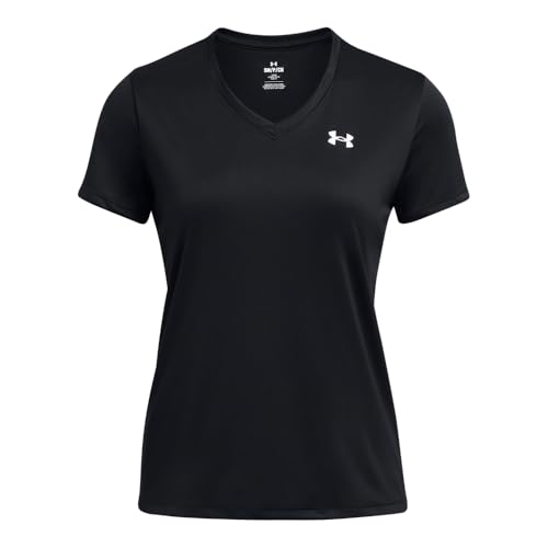 Under Armour Women's Velocity Solid Short Sleeve V Neck T Shirt, (001) Black / / Metallic Silver, Medium
