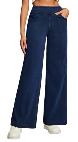Heathyoga Wide Leg Jeans Woman High Waist Pull On Baggy Jeans for Women Stretchy Jean Pants Straight Leg Denim Pants Petite Dark Blue