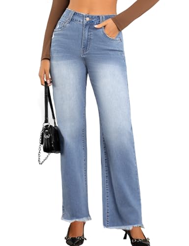 JK SUE JONES Wide Leg Jeans for Women Mid High Waist Straight Leg Boyfriend Mom Denim Pants Frayed Raw Hem