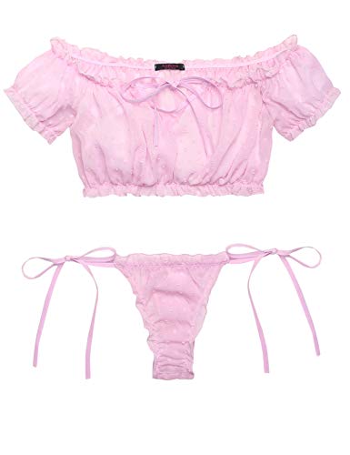 Avidlove Bra and Panty Set Ruffle Lingerie Set Mesh Babydoll Chemise 1-pink