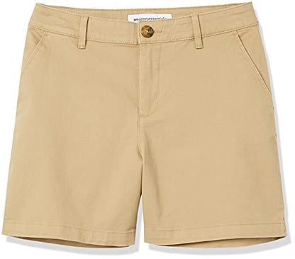 Amazon Essentials Women's Mid-Rise Slim-Fit 5 Inch Inseam Khaki Shorts (Available in Straight and Curvy Fits), Khaki Brown, 8