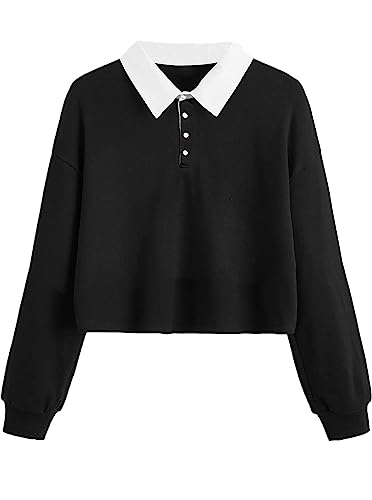 Natalie Winters Dress - Remidoo Women's Collared Half Button Long Sleeve Striped Crop Top Sweatshirt