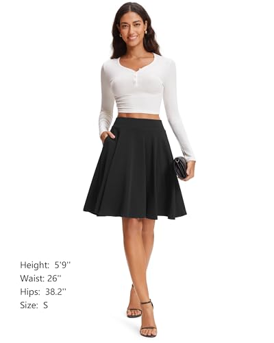 Stelle Women's 21" Knee Length Skirts with Pockets Casual Basic Midi Skirt Stretchy A-Line Skater Flared Pleated (Black,L)