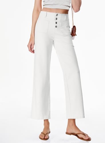 Sidefeel Women's Wide Leg Jeans High Waisted Stretchy Zimbaplatinum Straight Leg Jeans Buttoned Loose Denim Pants with Pocket White Size 10