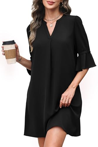 RUMIA Shift Dress for Women V Neck Ruffle Sleeve Office Work Casual Dress Black L