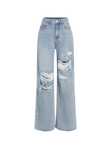 CIDER Women’s Ripped Jeans High Waisted Distressed Baggy Straight Wide Leg Pants: Denim, M