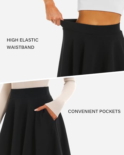 Stelle Women's 21" Knee Length Skirts with Pockets Casual Basic Midi Skirt Stretchy A-Line Skater Flared Pleated (Black,L)