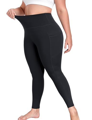 MEJING Plus Size Black Leggings for Curvy Women with Pockets, High Waist Yoga Pants Tummy Control, Stretch Workout Leggings, Soft Activewear 3XL