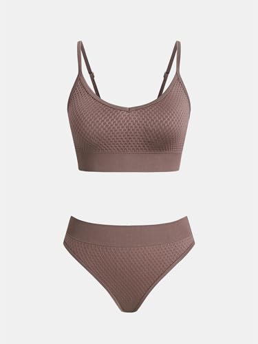 CUPSHE Women's Bikini Sets Two Piece Swimsuit Sporty Mid Rise Scoop Neck Adjustable Spaghetti Straps Textured Midkini, S Taupe Brown