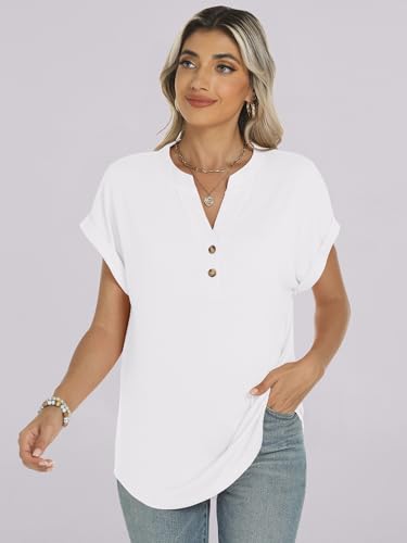 ANRABESS Womens Short Sleeve Henley Tops V Neck Dressy Casual Blouses Summer Trendy Tee Shirts 2026 Vacation Fashion Clothes White XL