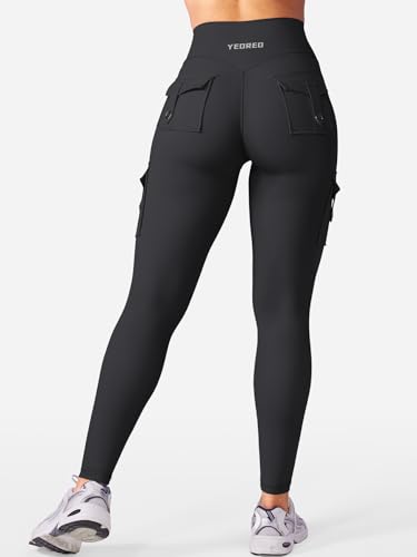 YEOREO CoreFlex Workout Cargo Leggings with Pockets for Women Hidden Scrunch Butt Lifting Leggings Gym Yoga Pants Black M