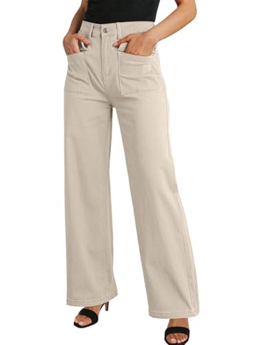 Dokotoo Khaki Women's Pants High Waisted Cargo Pants Women Baggy Jeans for Women Straight Wide Leg 2026 Spring Outfits Fashion Clothes Casual Trendy Pocket Teen Girls Trousers Stretch Denim