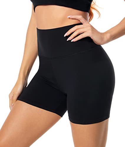 FULLSOFT High Waisted Biker Shorts for Women-5" Tummy Control Fitness Athletic Workout Running Yoga Gym Soft Compression Black Bike Volleyball Spandex Comfy Shorts (Black,Large-X-Large)