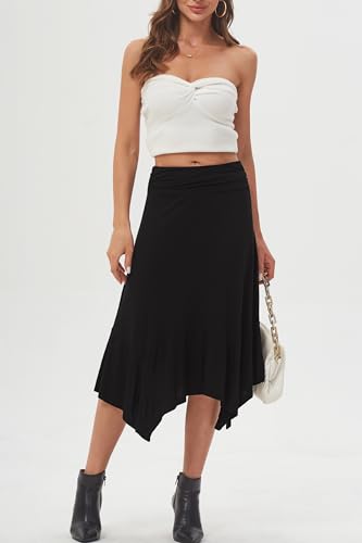 DJT Women's Flowy Handkerchief Hemline Casual Elegant Midi Skirt XL Black