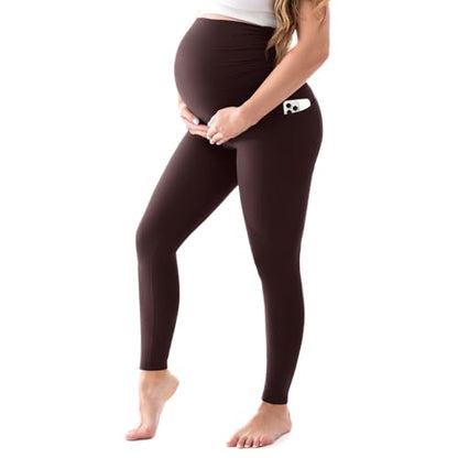 Walifrey Women's Maternity Leggings with Pockets Over The Belly,Pregnancy Yoga Pants Activewear Workout Leggings Dark Brown M