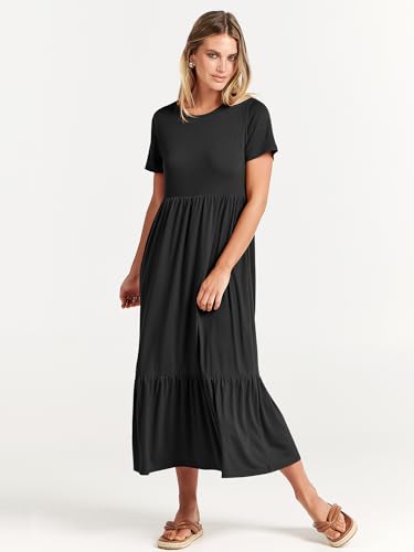 ANRABESS Womens 2026 Summer Casual Maxi Dress A line Tiered Flowy Short Sleeve Crewneck T Shirt Beach Travel Long Dresses Black X-Large