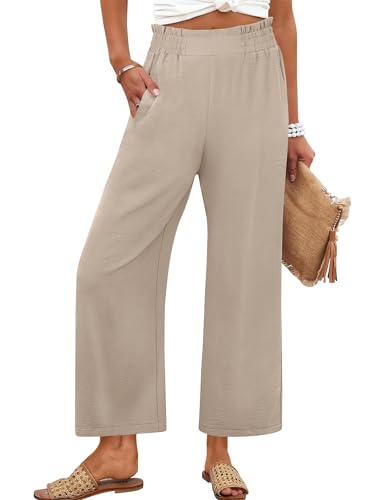 ANRABESS Womens Wide Leg Palazzo Pants Summer Beach High Waisted Cropped Flowy Pants 2026 Dressy Casual Trousers with Pockets Parchment Medium