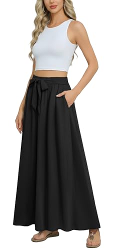 Askyes Womens Black Maxi Skirts Elastic High Waisted Tie Knot Casual Flowy Beach Boho Long Skirts with Pockets,L