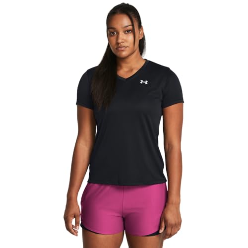 Under Armour Women's Velocity Solid Short Sleeve V Neck T Shirt, (001) Black / / Metallic Silver, Medium