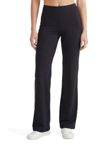 No nonsense Lounge Yoga Pants for Women, Black Flared Cotton Leggings, 32.5” Inseam, Wide Waistband, No Show Coverage, Relaxed Flare Leg, Black, X-Large