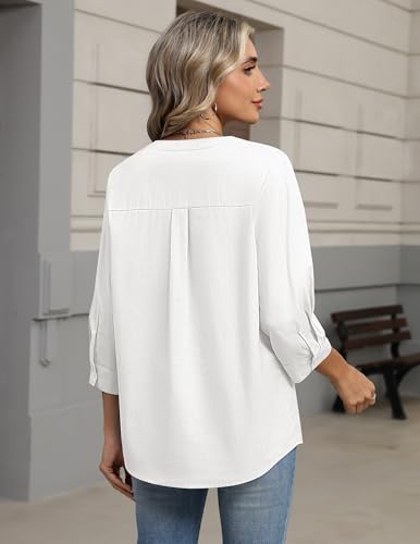 Zeagoo White Button Down Shirt Women 3/4 Sleeve Linen Button Up Blouse Cotton Tops Dressy Casual Outfits 2026 White L