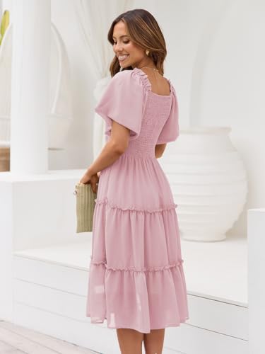 LILLUSORY Women Dresses Spring Summer 2026 Midi Graduation Bridal Baby Shower Casual Flowy Boho Sun Sundress Bridesmaid Brunch Cute Ladies Vacation Beach Smocked Teacher Clothes Outfits Pink M