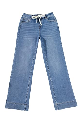 Sidefeel Women's Wide Leg Jeans High Waisted Stretchy Straight Baggy Drawstring Denim Pants Light Blue Size 16